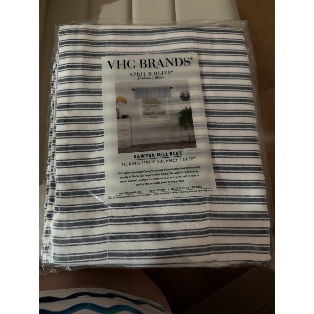 Sawyer Mill Farmhouse Blue White Ticking Stripe Valance Curtain 16x72 VHC Brands